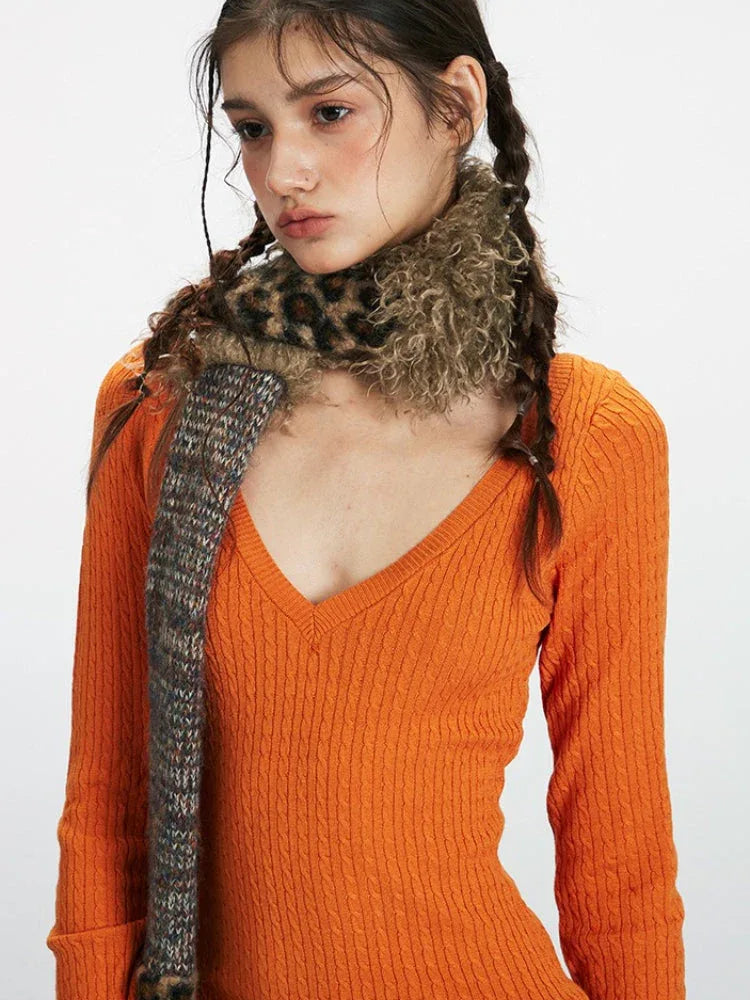 Vibrant V-Neck Slim Fit Cable Knit Top - TEVQA