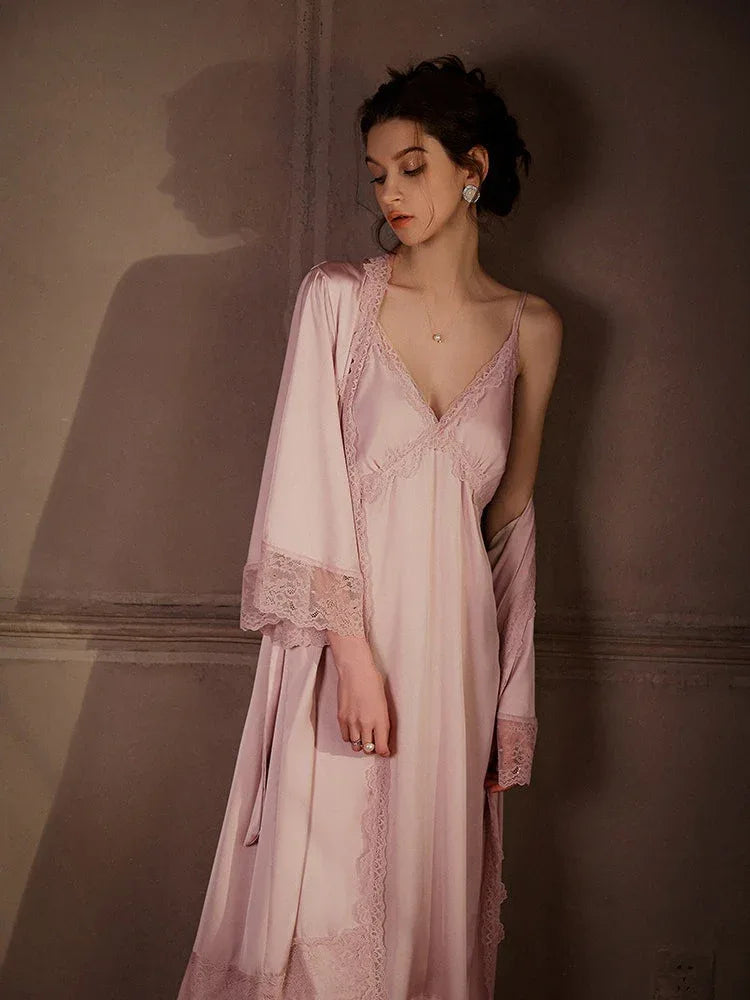 Satin Lace Nightgown and Robe Set - View 6 | TEVQA