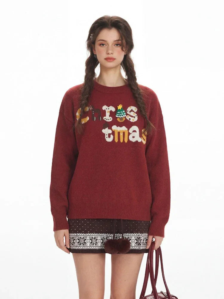 Festive Red Oversized Christmas Sweater with 3D Tree Pin - TEVQA
