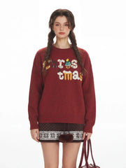 Festive Red Oversized Christmas Sweater with 3D Tree Pin - TEVQA