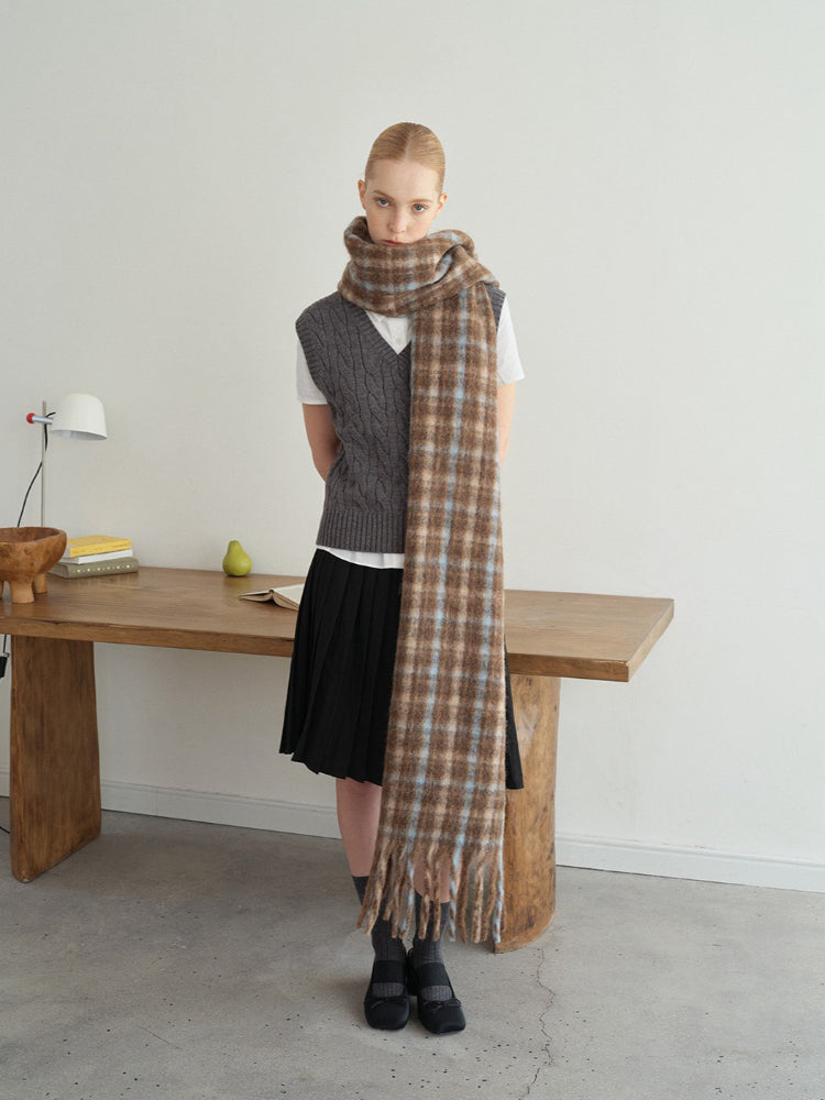 Oversized Plaid Wool Blend Scarf with Fringe - View 6 | TEVQA