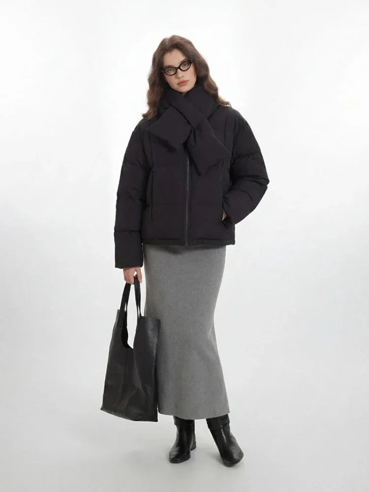Minimalist Matte Black Puffer Jacket with Matching Scarf - TEVQA