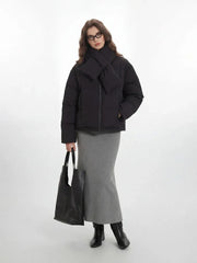 Minimalist Matte Black Puffer Jacket with Matching Scarf - TEVQA
