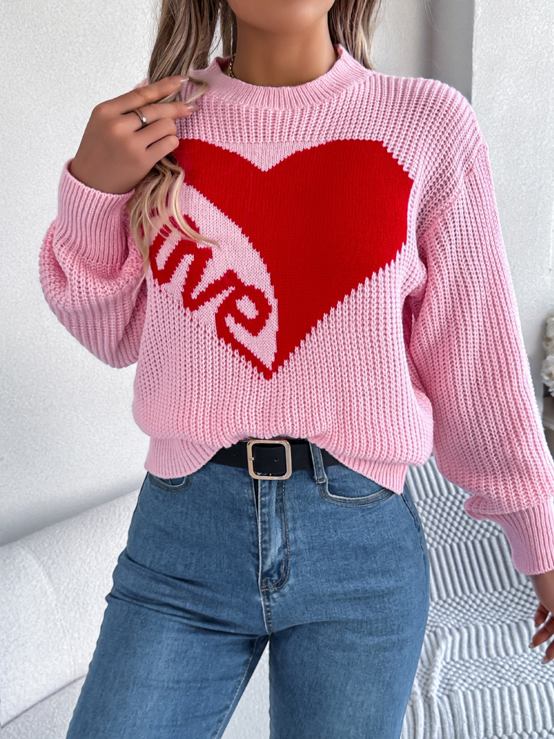 Romantic Pink Heart LOVE Knit Sweater