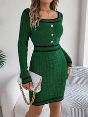 Vintage Red Square Neck Knit Dress - TEVQA