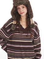 90s Retro Mocha & Berry Striped Polo Sweater - TEVQA