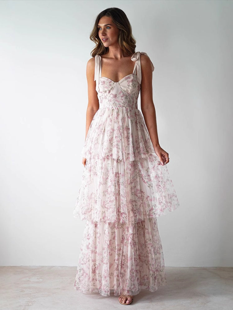 Tiered Floral Bow Shoulder Maxi Dress - Pink