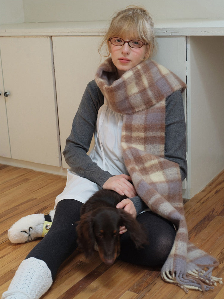 Extra Long Wool Blend Plaid Scarf with Fringe