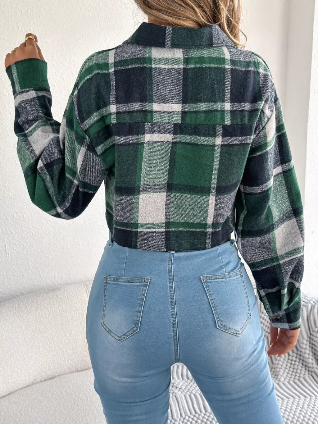 Rust Plaid Cropped Shacket - View 13 | TEVQA