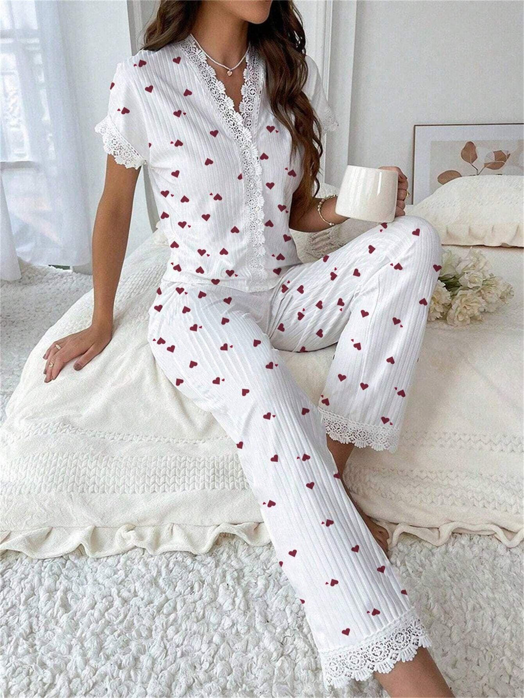 Cherry print ribbed pajama set with lace trim - View 12 | TEVQA
