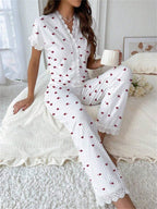 Cherry print ribbed pajama set with lace trim - View 12 | TEVQA