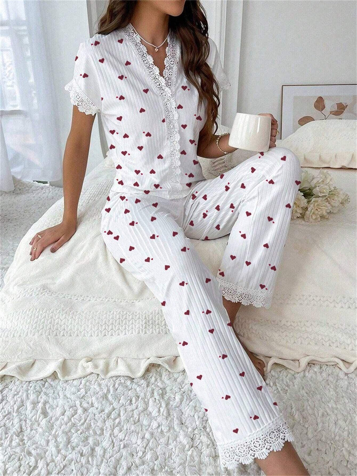Cherry print ribbed pajama set with lace trim - View 12 | TEVQA