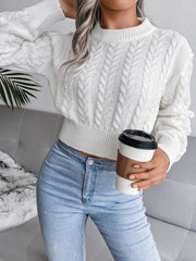 White Cable Knit Cinched Waist Crop Sweater