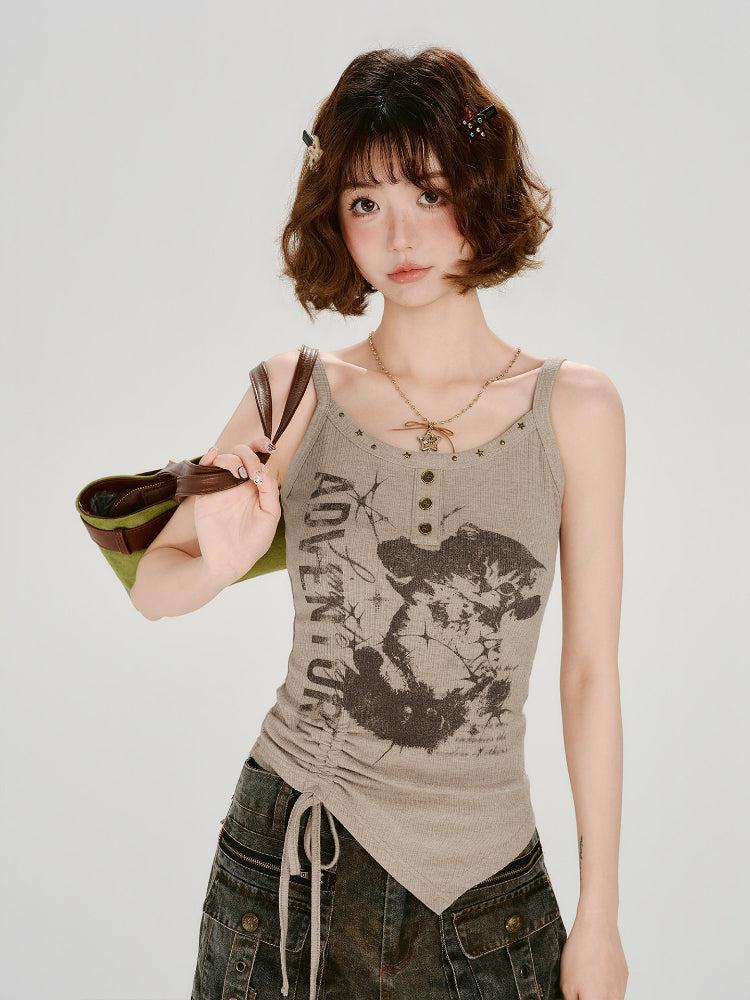 Vintage Graphic Ribbed Tank with Side Drawstring - Khaki