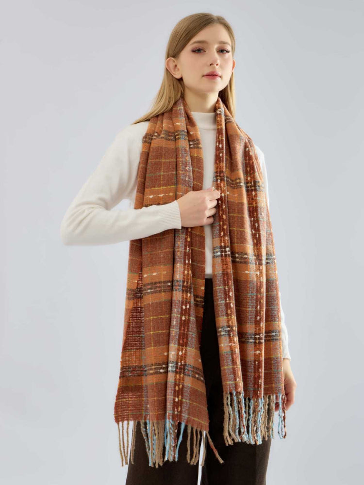 Women's Oversized Plaid Scarf Soft Brushed Tartan Wrap with Fringe Tassels - Rust & Brown