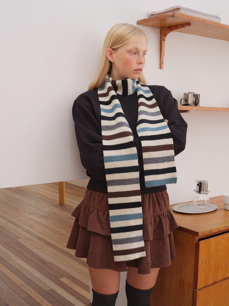 100% Pure Wool Striped Skinny Scarf in Under Mount Fuji colorway - View 2 | TEVQA Secondary image