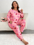 Plus Size Pink Heart Print Jogger Pajama Set - View 14 | TEVQA