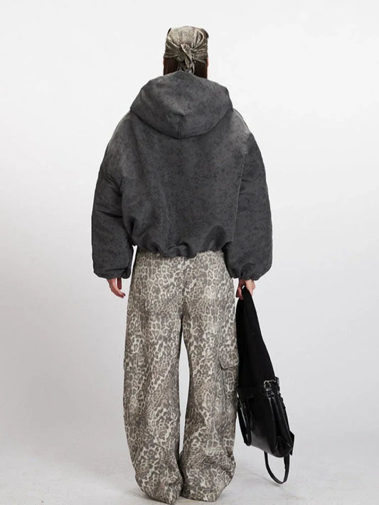 Vintage Wash Distressed Hooded Puffer Jacket - TEVQA