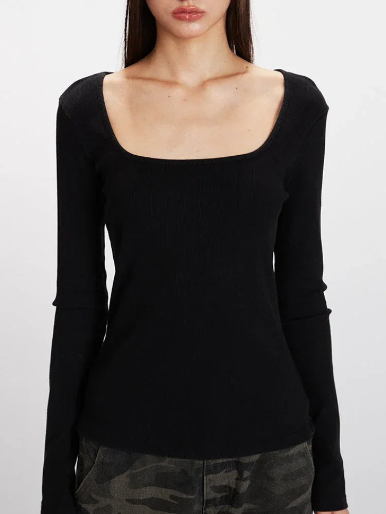 Ribbed Long Sleeve Square Neck Top - View 6 | TEVQA