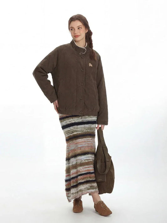 Vintage-Inspired Brown Corduroy Bomber Jacket - TEVQA