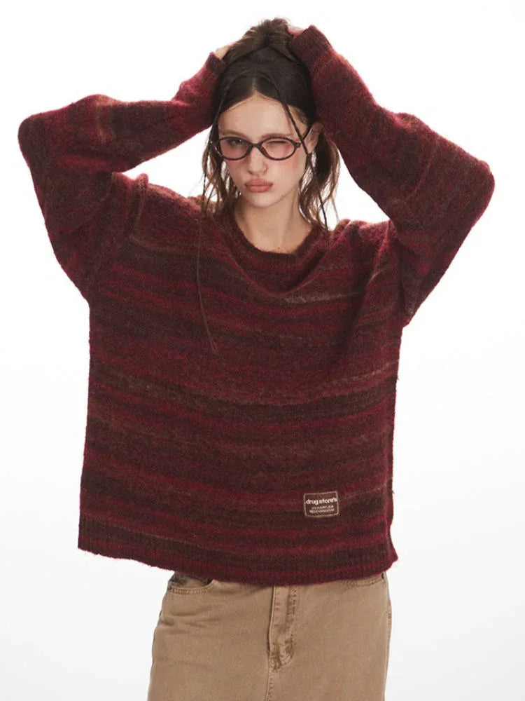 Vintage Burgundy Striped Knit Sweater - TEVQA
