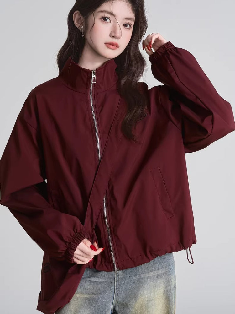 Burgundy oversized utility zip-up windbreaker jacket with stand collar and embroidered logo - View 6 | TEVQA