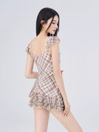 Vintage Plaid Ruffle Trim Swimdress - Brown