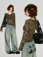 Vintage Print Mesh 2-Piece Long Sleeve Top Green