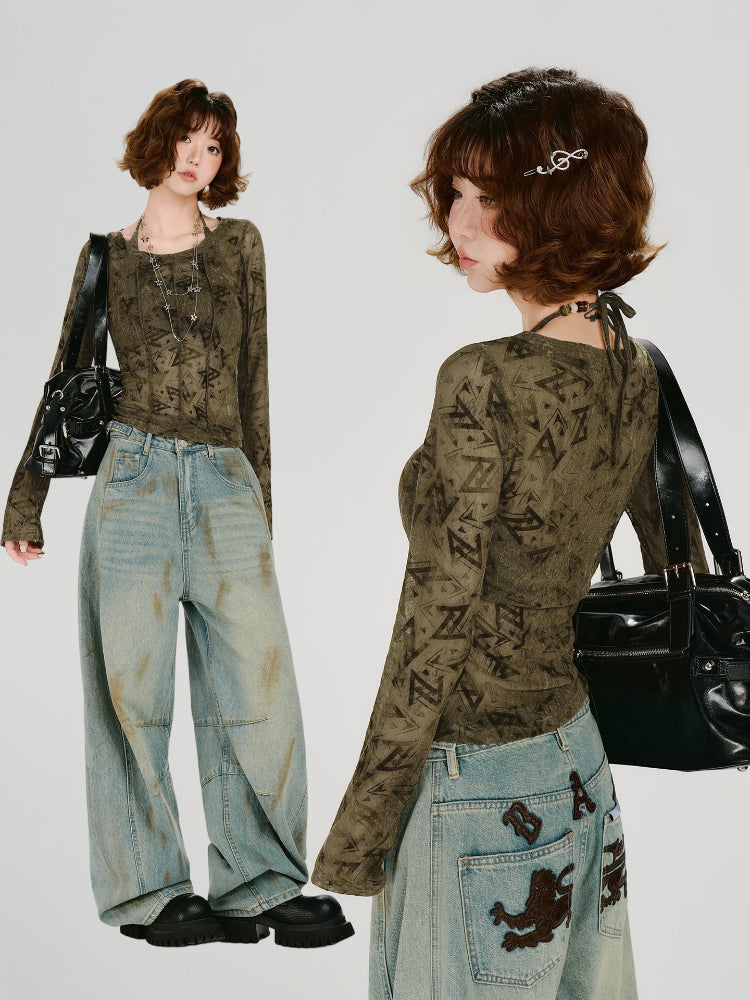 Vintage Print Mesh 2-Piece Long Sleeve Top Green