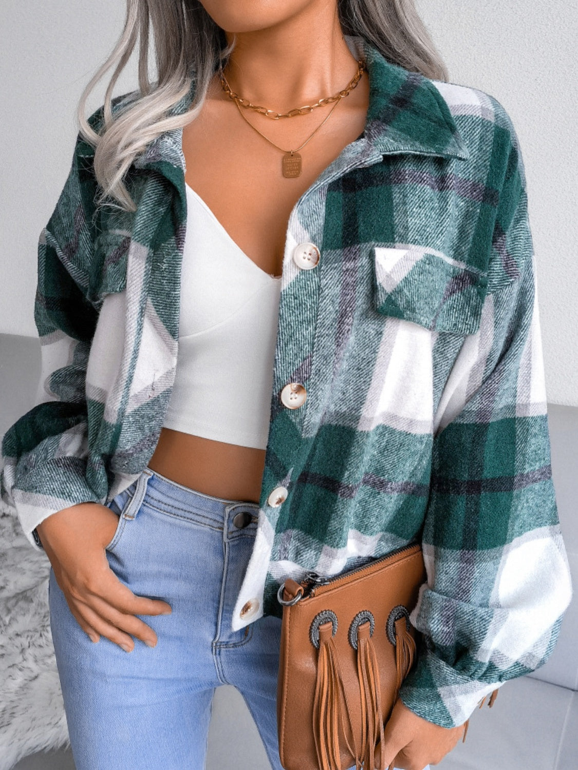 Plaid Wool Blend Lantern Sleeve Cropped Shacket