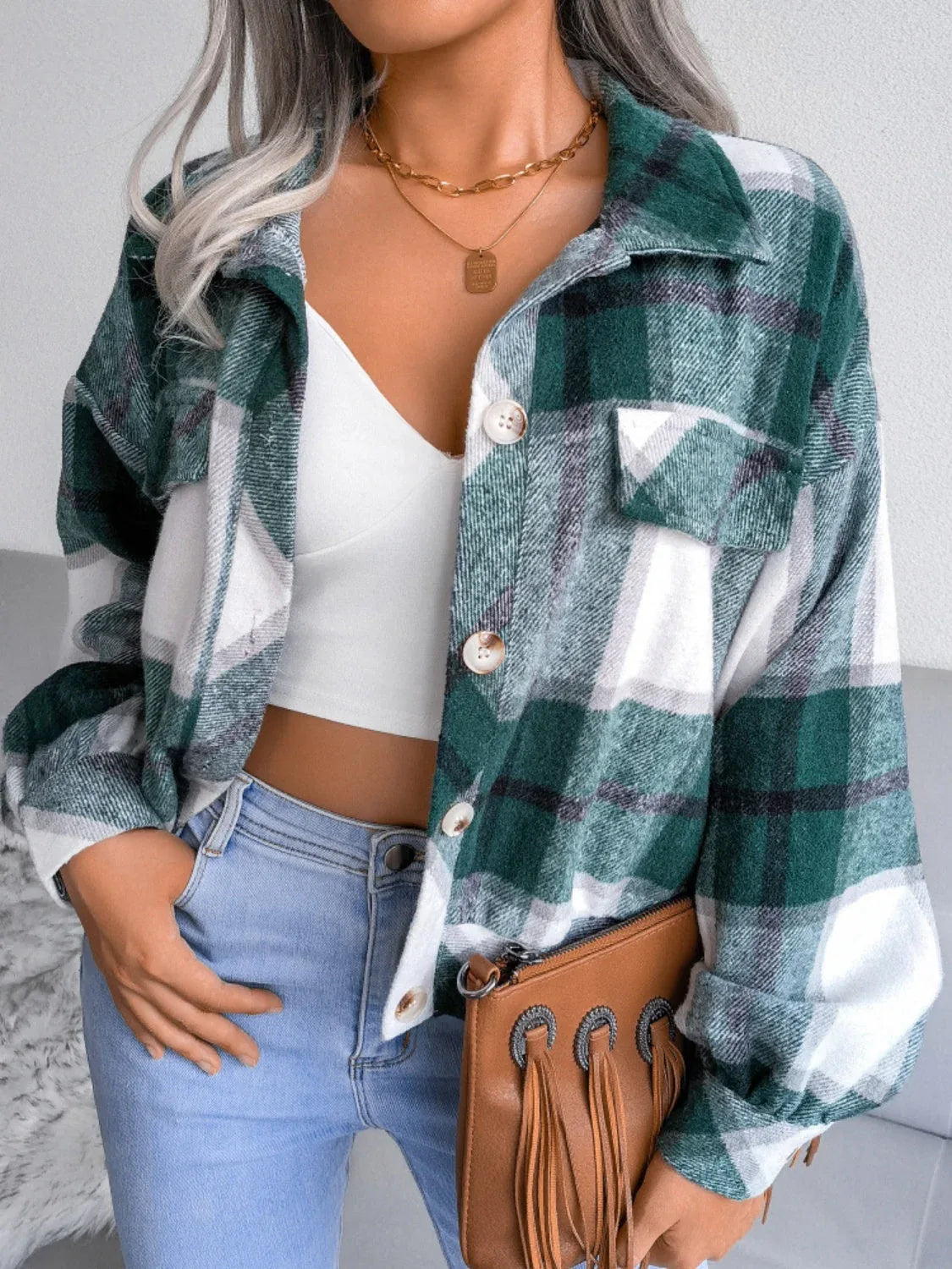 Plaid wool blend cropped shacket with lantern sleeves - View 13 | TEVQA