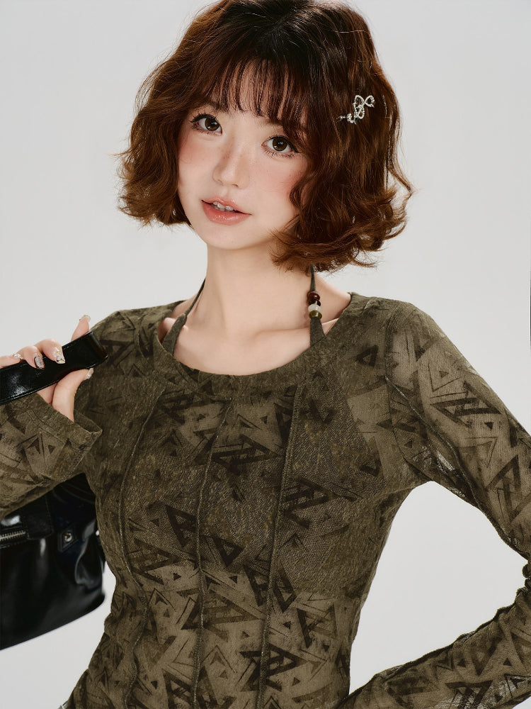 Vintage Print Mesh 2-Piece Long Sleeve Top Green