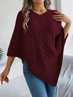 White Cable Knit V-Neck Poncho Sweater - TEVQA