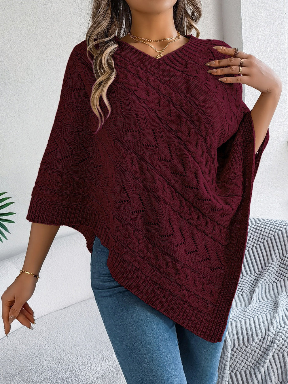 Cable-Knit Openwork Three-Quarter Sleeve Sweater OutfitFlow