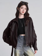 Oversized Faux Leather Moto Jacket - View 7 | TEVQA