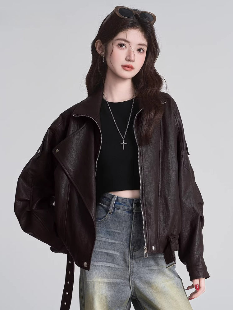 Oversized Faux Leather Moto Jacket - View 7 | TEVQA
