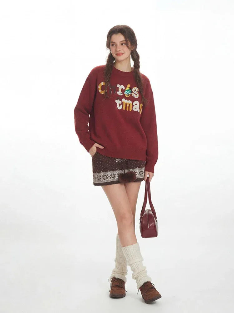 Festive Red Oversized Christmas Sweater with 3D Tree Pin - TEVQA