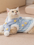 A cream-colored cat adorned in a light blue striped vest with white faux fur trim and yellow embroidered stars, complemented by a light blue scarf with stars and pom-poms, lying down.