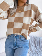 Black and white checkerboard knit mock neck sweater - View 12 | TEVQA