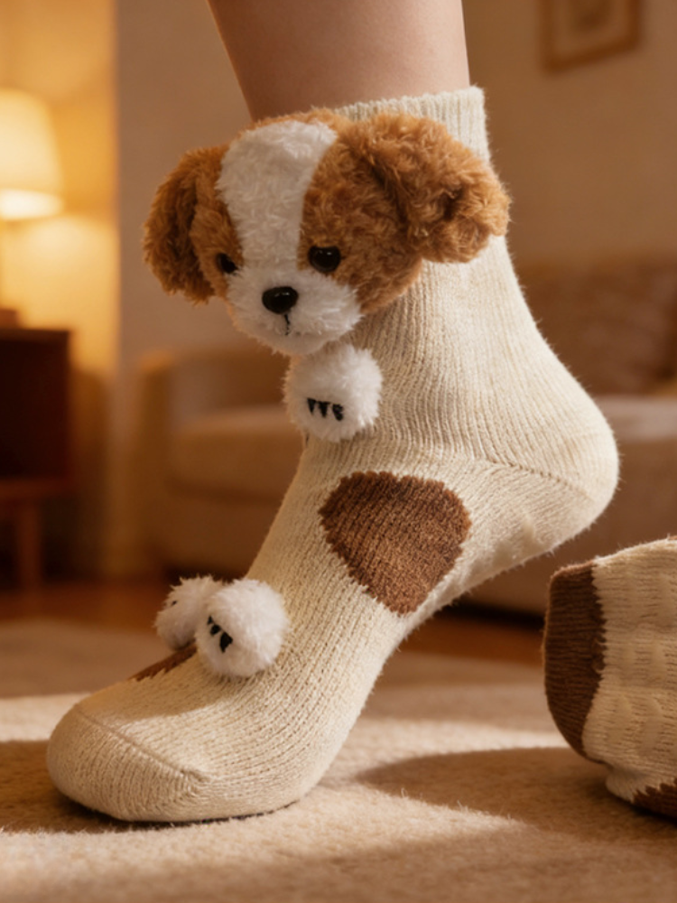Close-up of a cream-colored knit sock with a 3D plush dog face and paws, featuring brown patches and a heart detail.