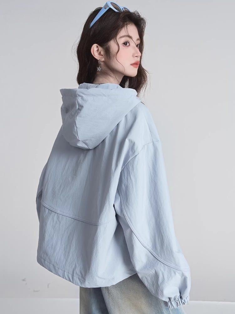 Light blue hooded zip-up windbreaker jacket - View 6 | TEVQA