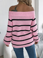 White Striped Off-Shoulder Knit Sweater - TEVQA