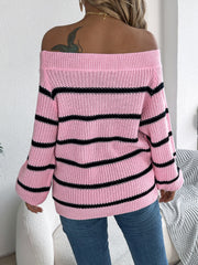 White Striped Off-Shoulder Knit Sweater