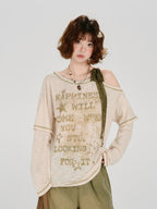 Vintage Graphic Cold Shoulder Layered Top - Beige