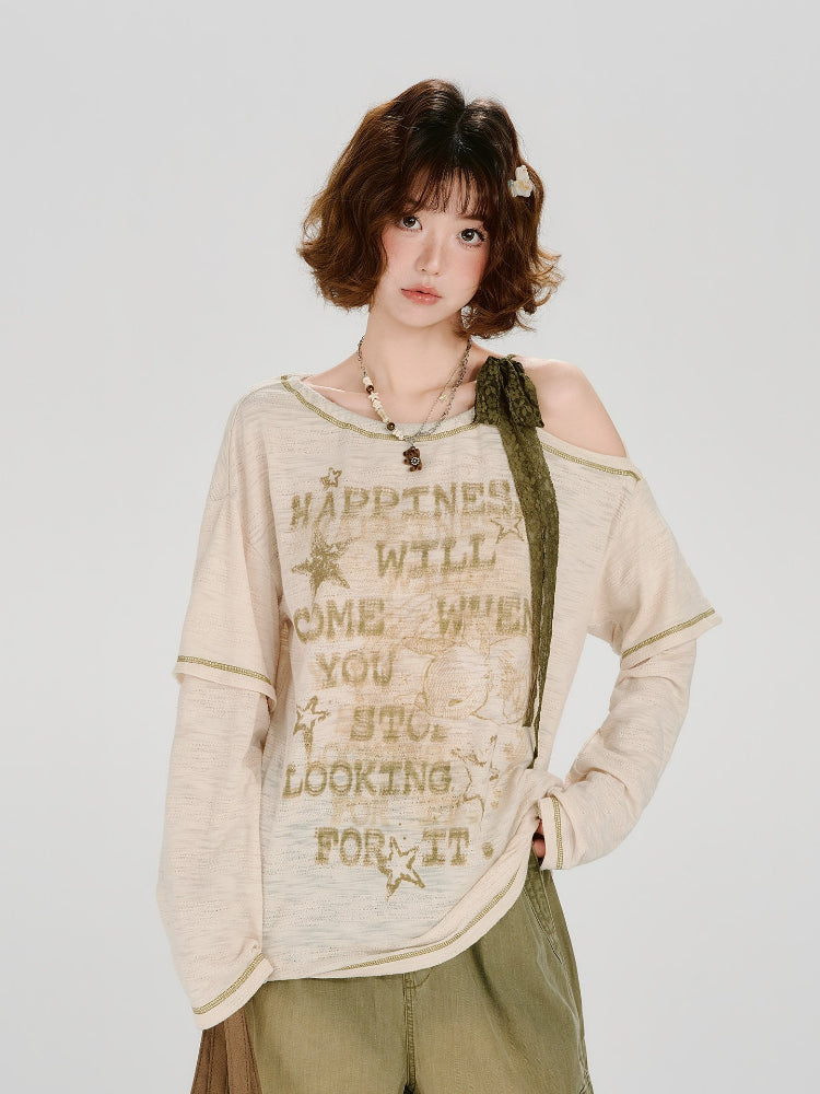 Vintage Graphic Cold Shoulder Layered Top - Beige