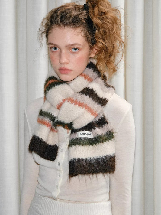 Fuzzy Stripe Knit Scarf Cream Multi
