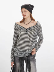 Side view of the striped long-sleeved shirt, showing the sleeve detail.