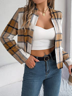 Navy blue plaid cropped jacket - View 8 | TEVQA