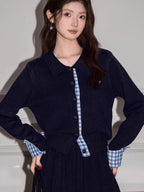 Navy blue preppy knit set with collared top and pleated skirt - View 6 | TEVQA