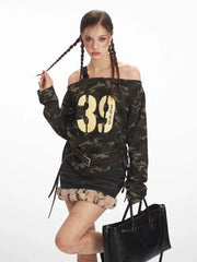 Y2K Grunge Camo Asymmetrical Long Sleeve Top - TEVQA
